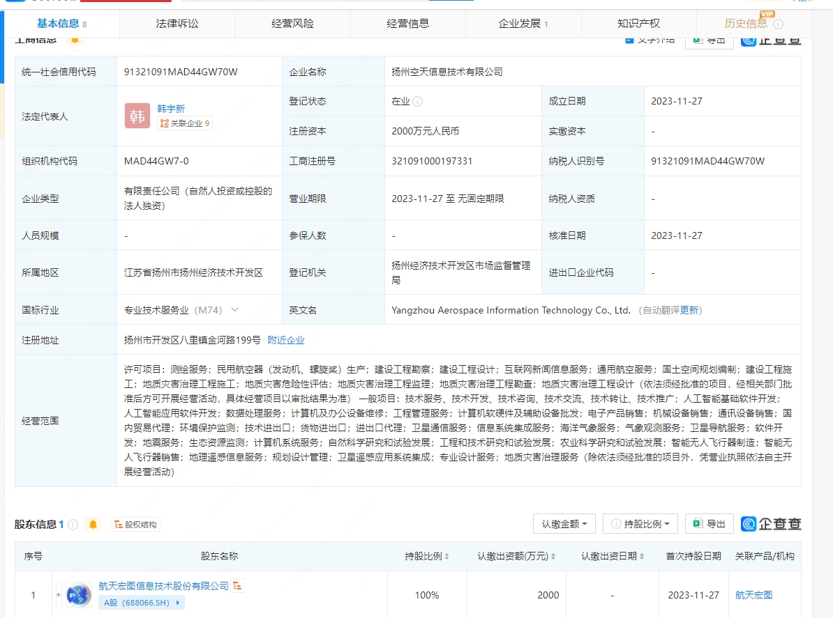 航天宏圖新設子公司，加碼AI基礎軟件開發賽道